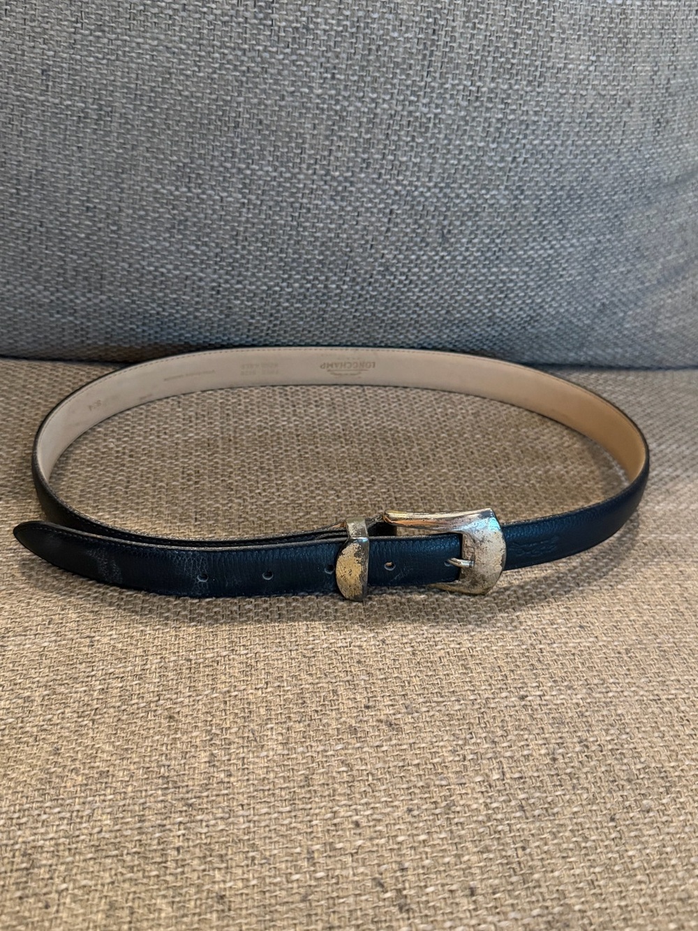 EUC - Longchamp Vintage Navy Leather Belt with Silver Buckle